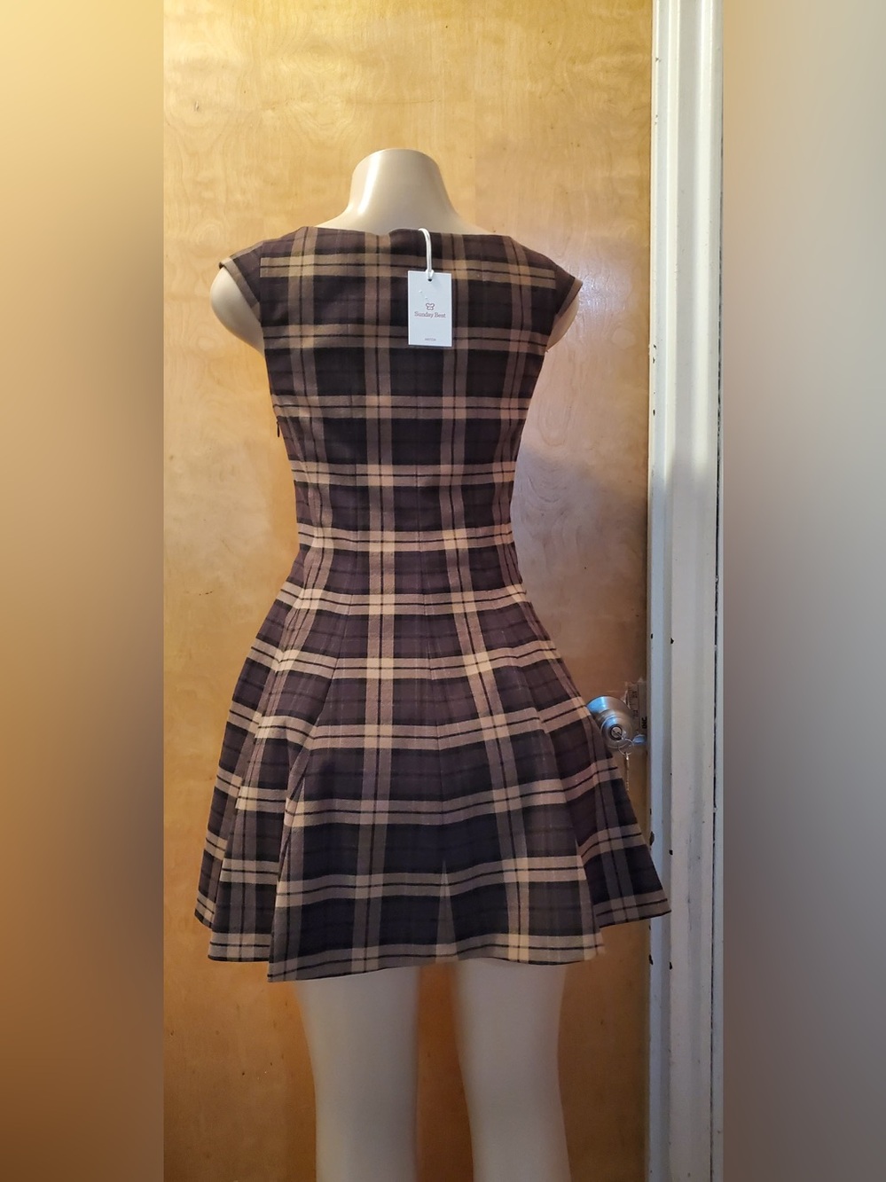 Aritzia Brown Plaid Sleeveless Fit-and-Flare Mini Dress - Picture 6 of 7